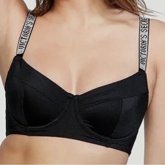 VICTORIAS SECRET SHINE STRAP WICKED PUSHUP BIKINI TOP BLING LOGO NWT 32DDD Black - Picture 4 of 5